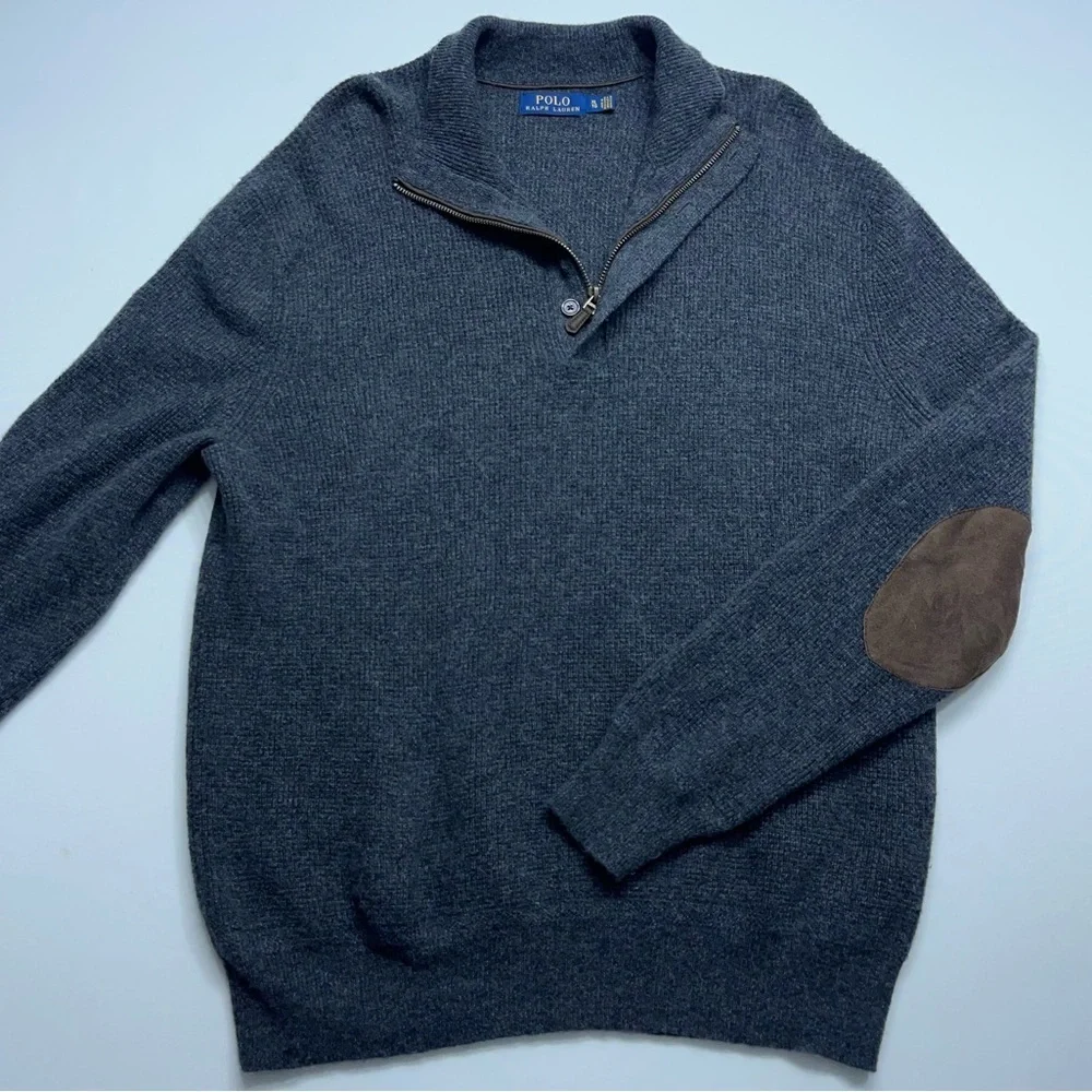 Polo Ralph Lauren 1/4 Zip Italian Wool Sweater Mens XL Leather Elbow Patches Vtg
